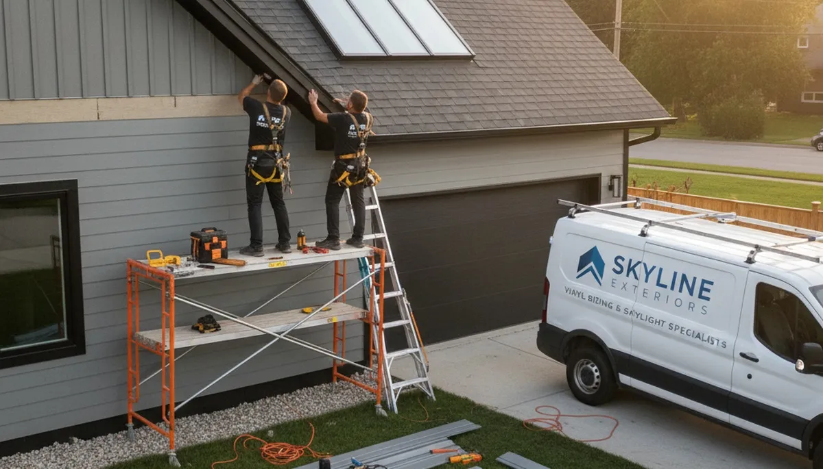 Technician repairing skylight on vinyl-sided home in Spokane, WA for Next Level Exteriors
