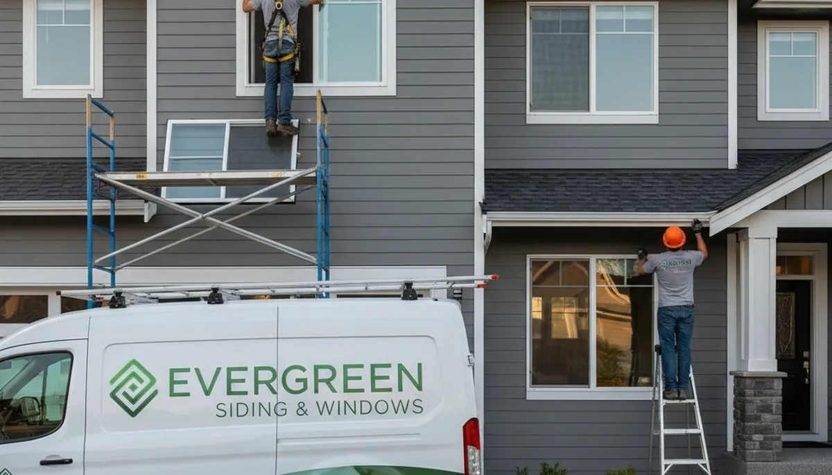 Technician repairing home window frame and vinyl siding in Spokane WA exterior service project